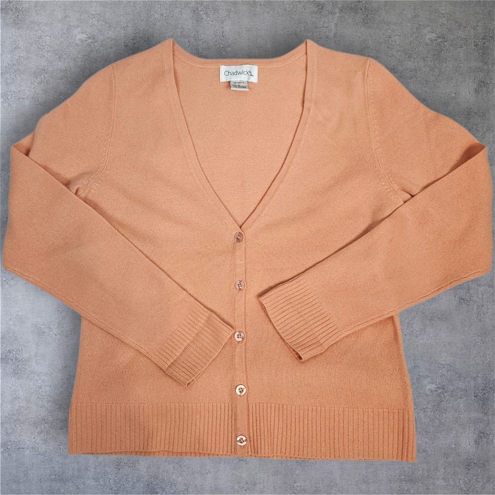 Chadwicks Women's Small Peach Cashmere V-Neck Button Front Cardigan Sweater D50